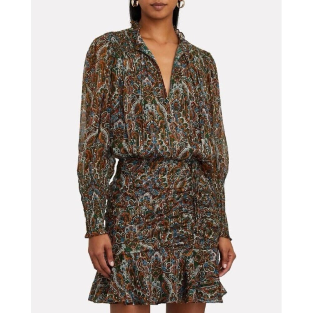 Veronica Beard 'Armeria' Paisley Ruched Silk Mini-Dress, Brown/Blue Multi